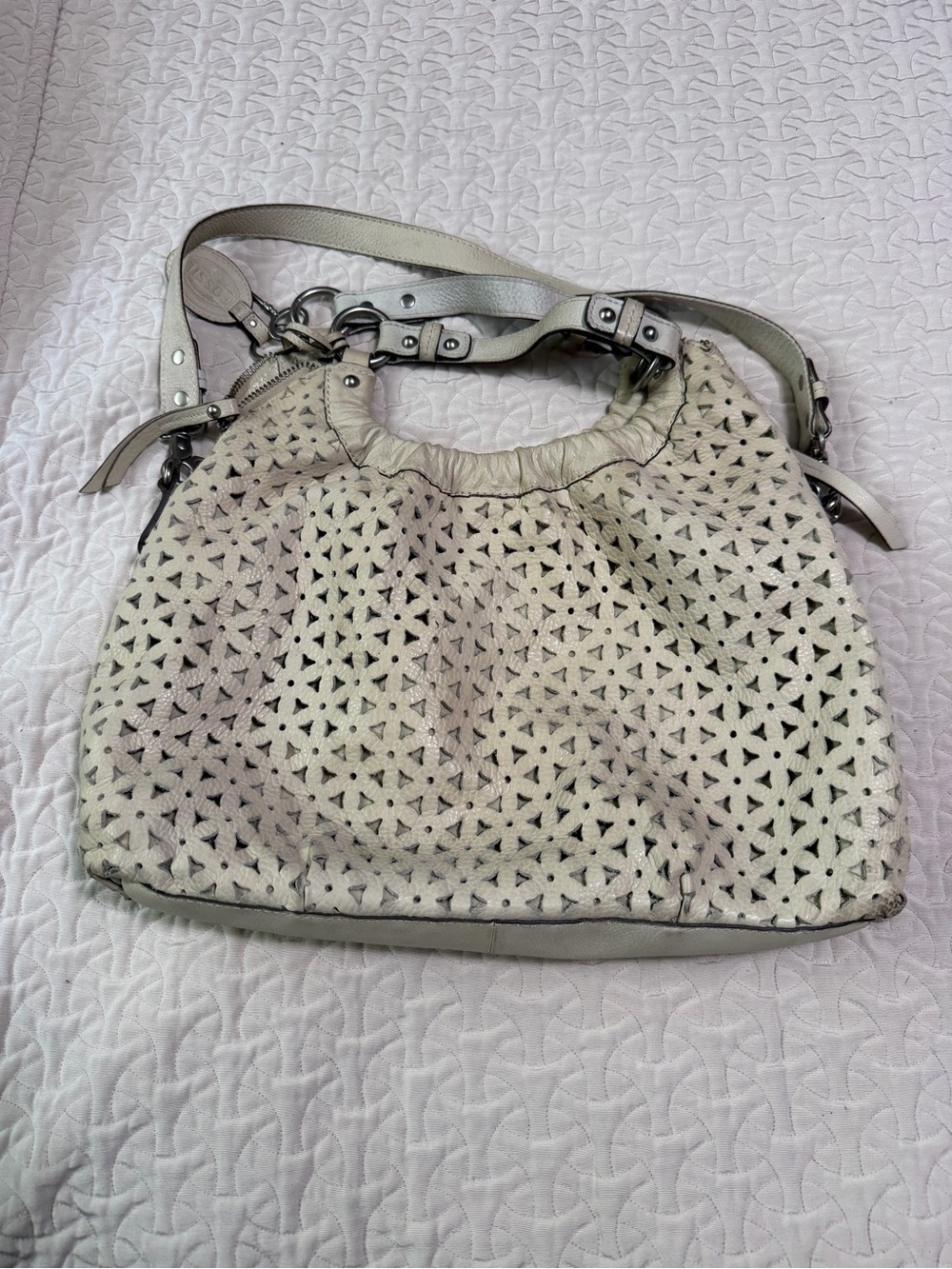 Fossil Tava Cream Leather Hobo Bag Laser Cut Floral Perforated Boho Shoulder